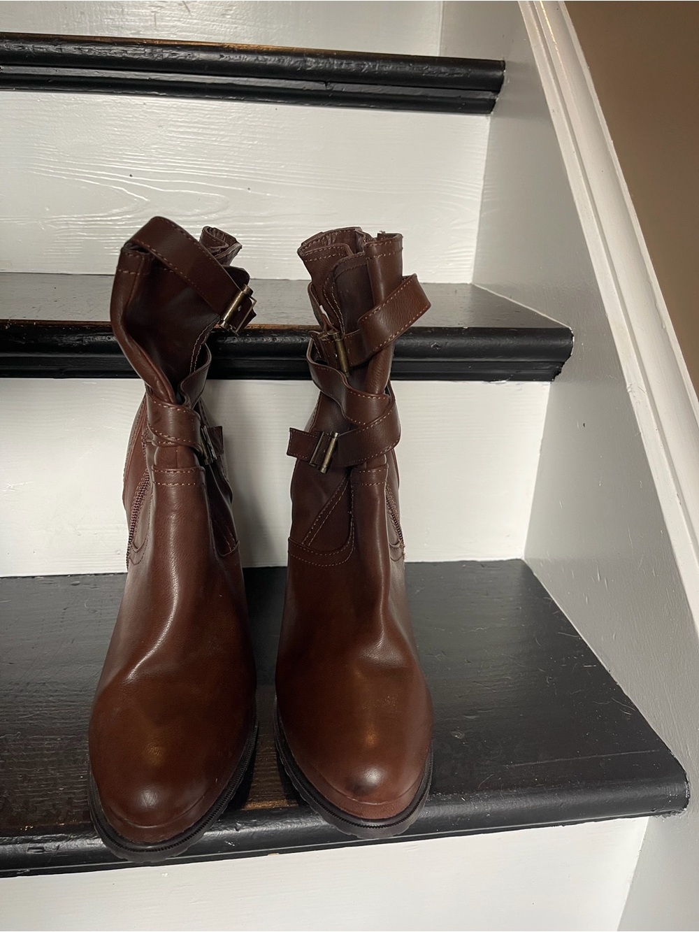 Women’s Brown faux  Leather Ankle Boots - Stylish Buckle Detail